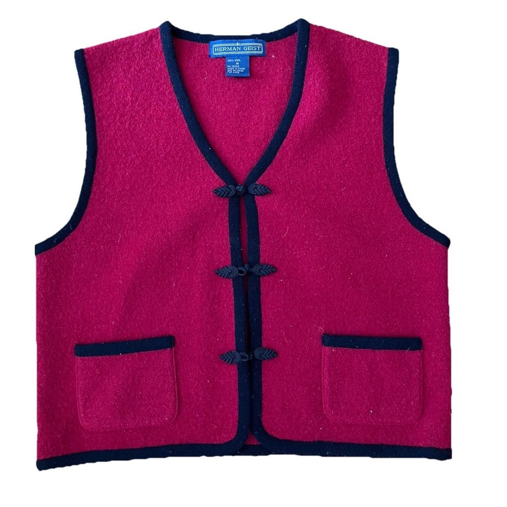VTG Herman Geist wool vest woman Sz M  red‎ Black  Asian Waistcoat dark academia